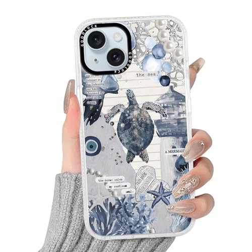 for iPhone 15 6.1'' Vintage Collage Ocean Summer Phone Case, Cute Sea Turtle Whale Shark Pearl Coastal Pattern, Slim Clear Anti-Yellowing Shockproof Protective Cover for Women Girls - color: Turtle Collage, size: iPhone 15