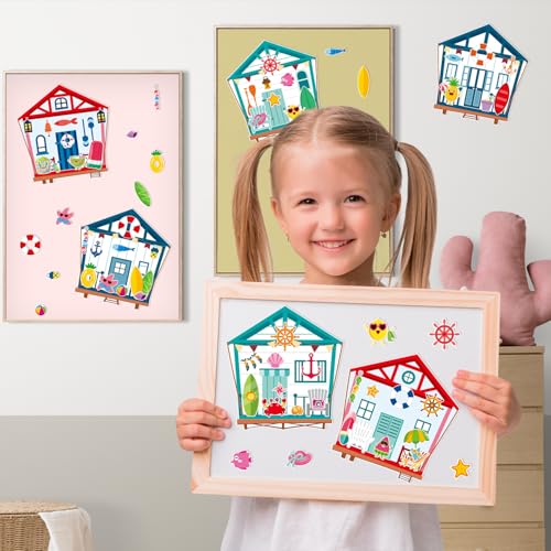 CY2SIDE Summer Seahouse Scene Sticker - 12 Set Hawaiian Luau Sticker Art Craft for Kids School Rewards Make Your Own Starfish Surfboard Ocean House Scene Games Activities Summer Party Favors Supplies - style: Sea house