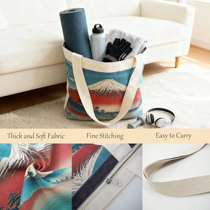 Large Tote Shopping Bag Cotton Canvas-Reusable grocery Bag with Zipper Aesthetic Reusable Shoulder Bag - style: Style-f