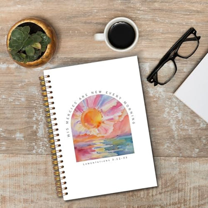 JINYO Boho Sunrise Christian Notebook, His Mercies are New Every Morning Bible Journaling Notebook, Prayer Journal for Woman, Church Notes Journal, Scripture Spiral Notebooks 5.5x8.3 Inch - color: white Boho Sunrise Christian Notebook