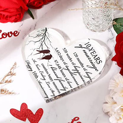 Qunclay 10th Marriage Gift for Parents Couple 10 Years Wedding Anniversary Souvenir Heart Marriage Keepsake Wedding Anniversarys Decorations for Women Men Mom Husband Wife He She Friend Grandparents - style: 10th