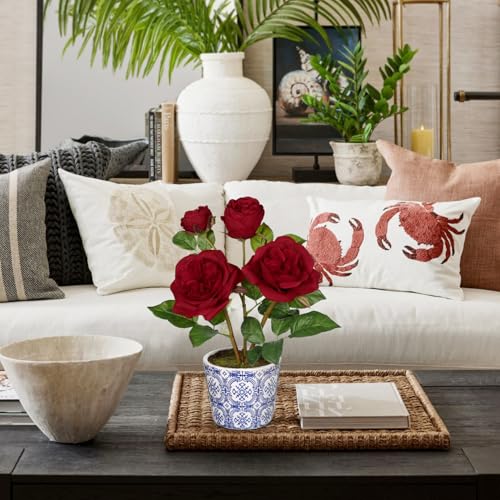 Hollyone Red Real Touch Roses Artificial Flowers in Vase Blue and White Porcelain Ceramic Pot 13.4" Fake Roses Flower Arrangement Artificial Plants & Flowers Potted Plant Faux Silk Rose Flower - color: Rose 3 - Red (13.4inch)