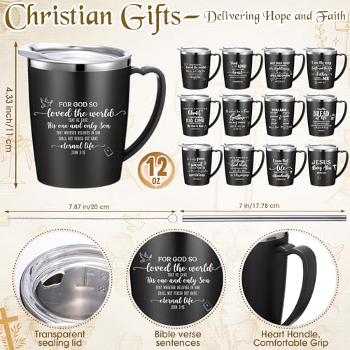 12 Pcs Christian Coffee Mugs with Lid and Straw Bible Verse Father's Day Religious Gifts Tumbler 12 oz Stainless Steel Insulated Inspirational Tumbler for Church Women Men(Black) - color: Black