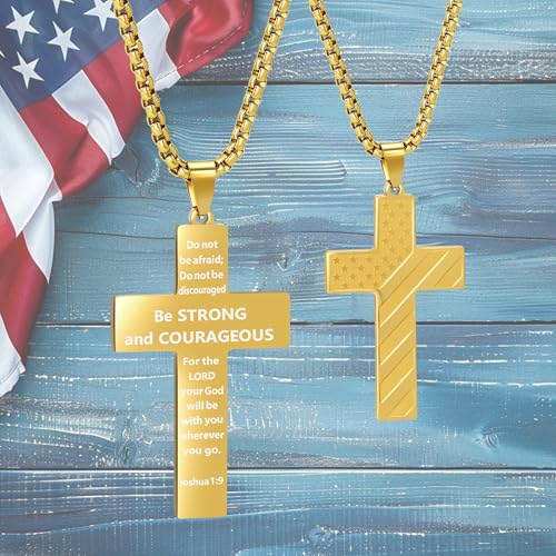 American Flag Cross Necklace for Men, Christian Confirmation Baptism Gifts - color: Gold, style: Joshua 1:9