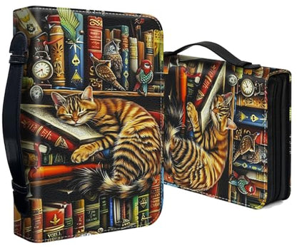 Bible Cover for Women Large PU Leather Zippered Bible Case with Handle and Bookshelf Cat Design, Christian Bible Cover for Girls & Women, Cover Fits Standard 9.5"x7.5"x2.3" Bible - color: Bookshelf Cat