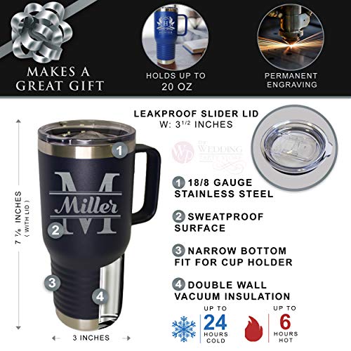The Wedding Party Store Custom Personalized 20 oz Stainless Steel Powder Coated Vacuum Insulated Double Walled Travel Tumbler Coffee Mug with Handle and Lid (Navy Blue) - color: Navy Blue