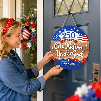 JarThenaAMCS 250th Anniversary Welcome Door Sign Patriotic 3D Wooden Hanging Sign American Flag Fireworks Round Door Hanger for 4th of July Independence Memorial Day Home Wall Decorations, 12 Inch - style: American Flag