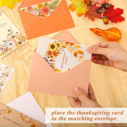 Thboxes 24 Pack Thanksgiving Cards with Envelopes, 4 x 6 in Bulk Thanksgiving Cards with Stickers, 6 Designs Thanks & Blessings Greeting Card Boxed for Fall Autumn Holiday Happy Harvest Party - style: Thanksgiving Card