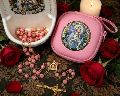 Handmade Rosary Beads for Women, Elegant Catholic Gifts for First Communion, Confirmation & Spiritual Prayer, Unique Beaded Rosary Necklace with Zippered Case - color: Pink - Our Lady of Lourdes