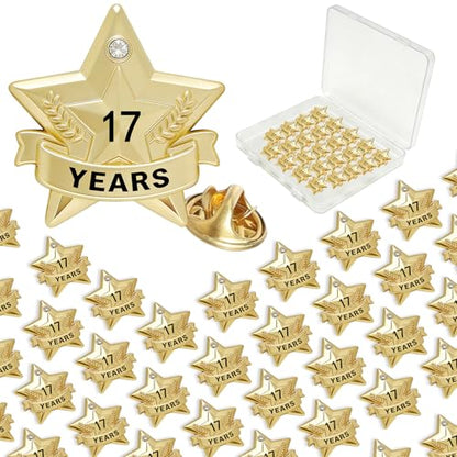 Years of Service Pins, Gold Star Pin for 1-30 Year Work Anniversary, Long Standing Employee Recognition Award Star Pins for Staff, Team & Volunteers - style: 17 Years
