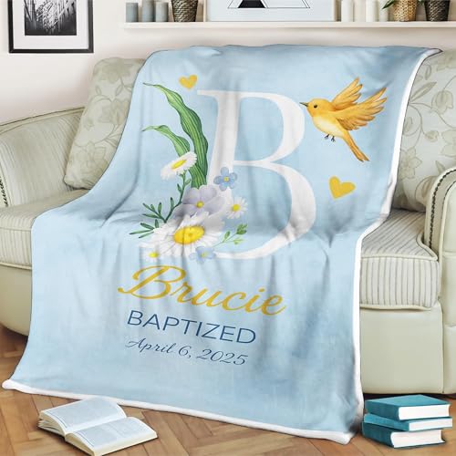 Baptism Blankets for Baby Boy, Personalized Baptism Blanket for Baby Girl Or Boy Custom Name, Date & Floral Initial Christening Gift from Godparents, Christian Baby Boy Blanket - color: #Ver5