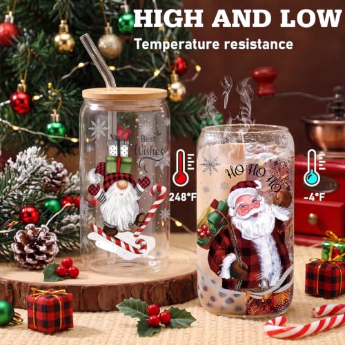 Teenyyou 12 Sets of Christmas Glasses Cups with Bamboo Lid and Glass Straw 16 oz Red and Black Plaid Christmas Glass Jar Drinking Cups Wreath Santa Coffee Cup for Women Men Xmas Holiday Party Gifts - style: Red and Black Plaid