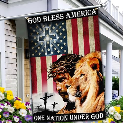 One Nation Under God Patriotic God Bless America Christian Jesus American Flag 3x5 Double Sided 4th of July Memorial Day Easter Outdoor House Decoration Banner
