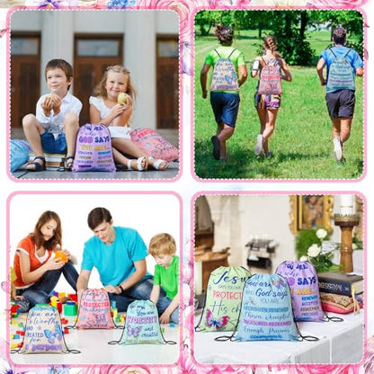 24 Pcs Religious Butterfly God Says Drawstring Backpack God Says Christian Drawstring Bags Large Jesus Bible Verse String Bag Sunday School Gifts - style: Religious Butterfly