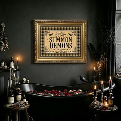 Gold Framed Please Do Not Summon Demons In The Bathroom Wall Art 9X11 in - color: Gothic Bathroom 1, size: 11"L x 9"W