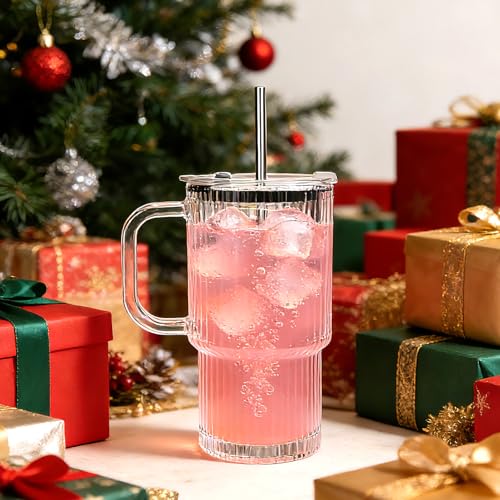 Accguan 2Pack 20oz Ribbed Glass Tumbler with Handle and Lid, Leak Proof Cup - size: 20oz with handle-2pcs