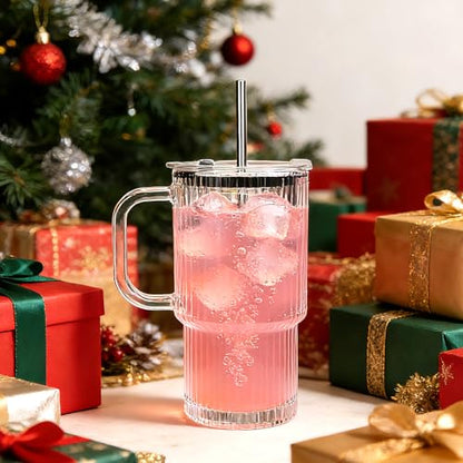 Accguan 6Pack 20oz Ribbed Glass Tumbler with Handle, Straw and Lid - size: 20oz with handle-6pcs