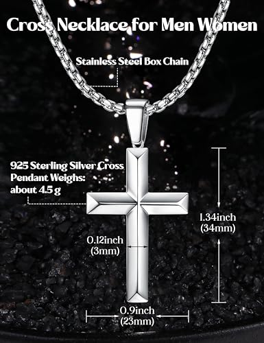 YADOCA 925 Sterling Silver Cross Necklace for Men - 3mm Stainless Steel Box Chain Silver Cross Chains Beveled Edge Crucifix Cross Pendant Necklace Jewelry for Women Mens 16-24 Inches