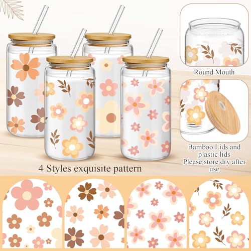 Mumufy 4 Pack Cute Boho Glass Cup, 16 oz Tumbler Mug with Bamboo Lid - style: Cute Boho