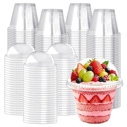 Szsrcywd 100 Pack 9oz Clear Dessert Cups with Dome Lids,Disposable Plastic Parfait Yogurt Cup (NO HOLE) Fruit Containers for Ice Cream,Pudding,Salad,Cold Drink,Cake,Jello - style: 100pack cups with dome lids