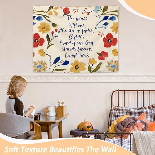 OHDCE Boho Floral Christian Tapestry Wall Hanging, Isaiah 40:8 Wildflower Religious Bible Verse Blanket Tapestries Wall Decoration for Bedroom Home Prayer Room Church, 50x60 Inch