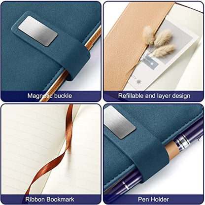 A5 Lined Leather Notebook and Pen Set with Gift Box, 240 Pages Refillable Journal with Pocket and Magnetic Buckle, Hardcover Daily Diary for Men and Women Business Travel Personal Writing- Blue - color: Blue