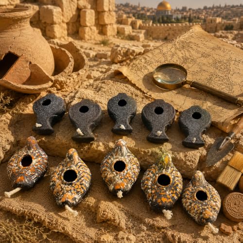 Ancient Clay Oil Lamps - 10 Count Herodian Replica Set - color: Dark