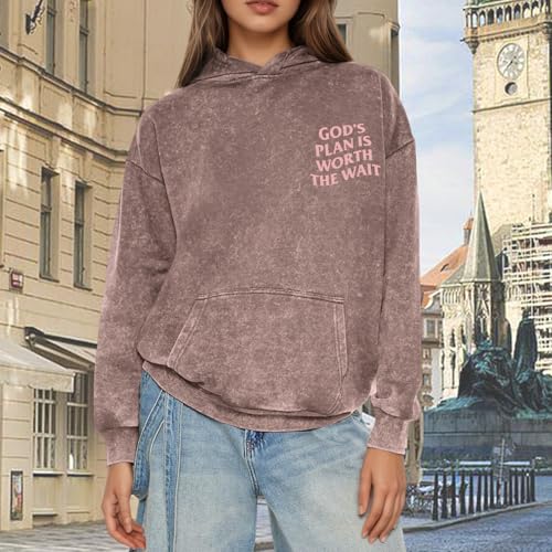 Christian Graphic Hoodies for Women God Bible Verse Oversized Hoodie Religious Letter Print Acid Wash Sweatshirts - color: Brown, size: Large
