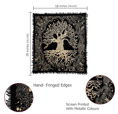 Indian Consigners Tree of Life Altar Cloth Tapestry Tablecloth Celtic Trees Ritual Spiritual Cloth for Sacred Places, Cotton Square Tarot Table Cover 18 by 18 Sacred - color: Golden Trunk Tree, size: 18" x 18" (Square)