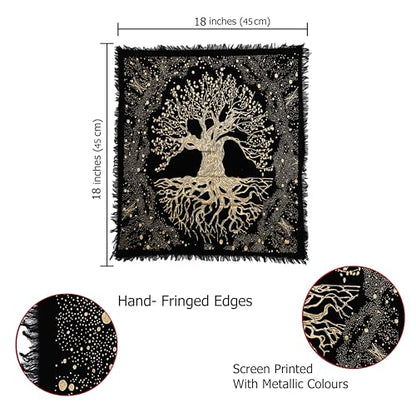 Indian Consigners Tree of Life Altar Cloth Tapestry Tablecloth Celtic Trees Ritual Spiritual Cloth for Sacred Places, Cotton Square Tarot Table Cover 18 by 18 Sacred - color: Golden Trunk Tree, size: 18" x 18" (Square)