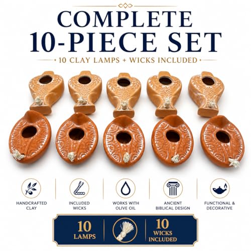 Ancient Clay Oil Lamps - 10 Count Herodian Replica Set - color: Orange