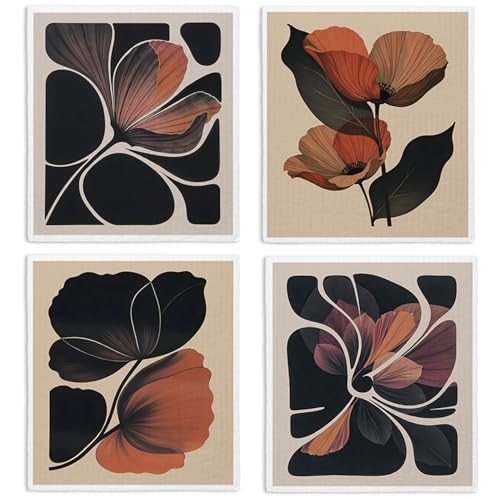 Swedish Dishcloths for Kitchen, Floral Botanical Swedish DishCloths, Papaya Reusable Paper Towels Washable, 4 Pcs Dish Towels for Kitchen Party Home Housewarming Cleaning Cloths - color: Flower 13