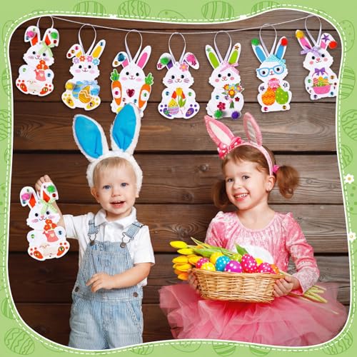 Funrous 48 Sets Crafts Kit Paper Crafts DIY Make Your Own Hanging Ornaments with Pompoms Diamond Stickers for Holiday Classroom Activities Party Favors, Easter Bunny - style: Easter Bunny