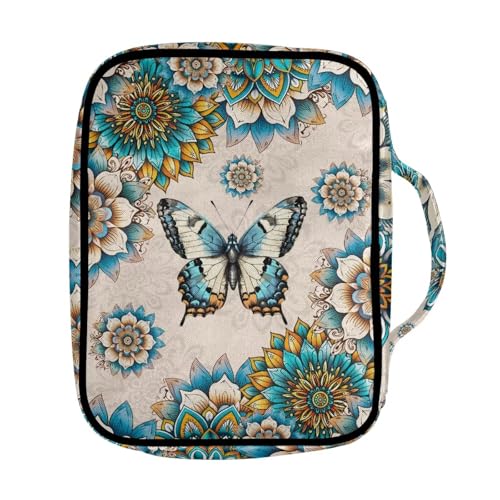 Suobstales Boho Butterfly Print Bible Cover Portable Carrying Book Case Multi-Functional Bible Organizer Case with Handle and Zippered Back Pocket - color: Boho Butterfly