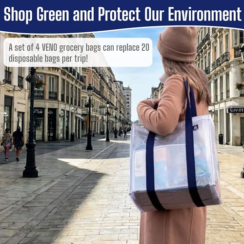VENO 4 Pack Large Grocery Bag Reusable Shopping Bags with Hard Bottom - color: Clear