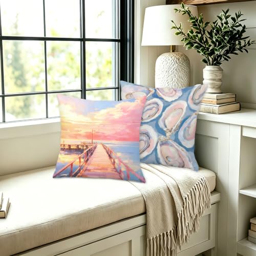 Pastel Coastal Oyster Sunset Throw Pillow Covers 18x18 Set of 2 - color: Colour -Bb