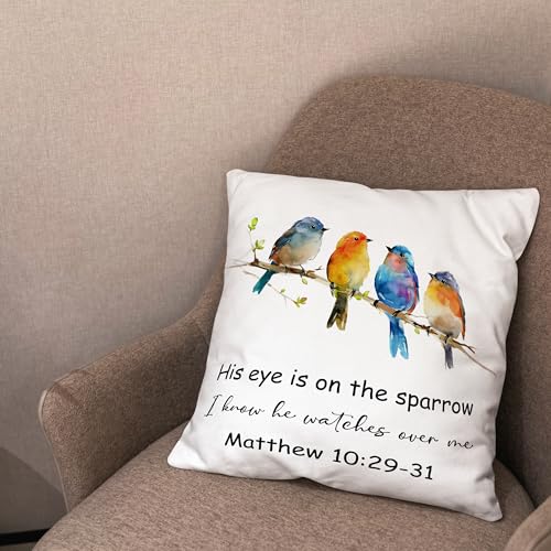 Christian Bird Pillow Cover 18x18, His Eye is on The Sparrow Matthew 10:29-31 Bible Verse Religious Decorative Throw Pillow Covers Cases for Church Prayer Room Home Living Room