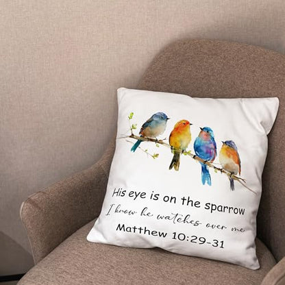 Christian Bird Pillow Cover 18x18, His Eye is on The Sparrow Matthew 10:29-31 Bible Verse Religious Decorative Throw Pillow Covers Cases for Church Prayer Room Home Living Room