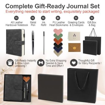 A5 Leather Journal for Women Men, Hardcover Notebook Set with Pen, Black - color: Black