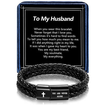 Christian Bracelet for Men, Bible Verse Leather Cross Gift for Men - color: A-To My Husband