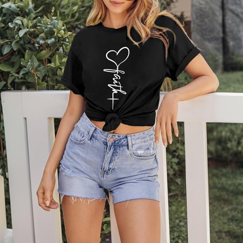 KIEKIECOO Faith Christian Shirts for Women Religious Crewneck Tshirts Cotton Graphic Tees Bible Verse Casual Summer Tops - color: Black, size: Large
