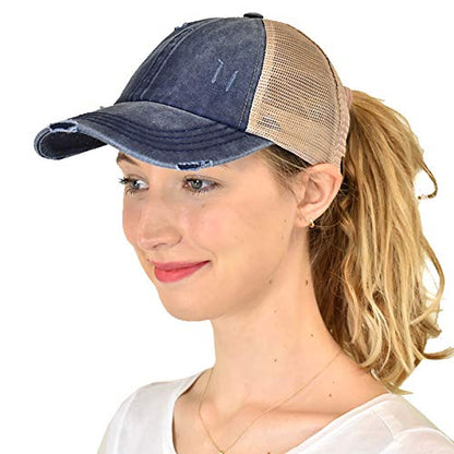 C.C Ponycap Messy High Bun Ponytail Adjustable Mesh Trucker Baseball Cap Hat - color: Criss Cross Mesh Navy