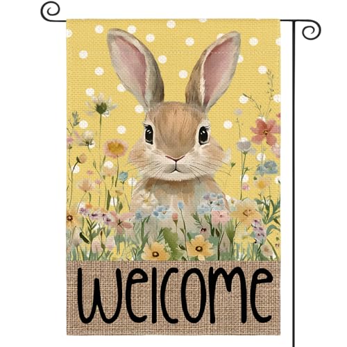 AVOIN colorlife Yellow Spring Easter Bunny Welcome Garden Flag 12x18 Inch - color: Yellow, size: Garden Size-12 x 18"