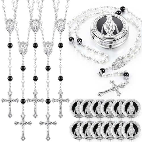 Jadive 24 sets Catholic Rosary Necklace, 6mm Glass Pearl Beads 8mm Our Father Bead Metal Gift Box for Women Men Prayer Gift - color: Silver