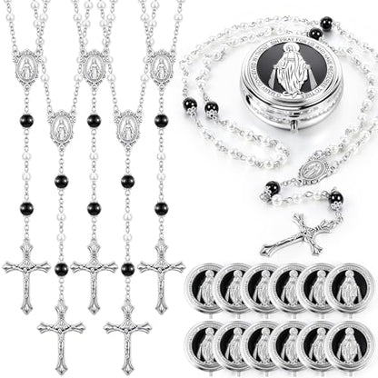 Jadive 24 sets Catholic Rosary Necklace, 6mm Glass Pearl Beads 8mm Our Father Bead Metal Gift Box for Women Men Prayer Gift - color: Silver