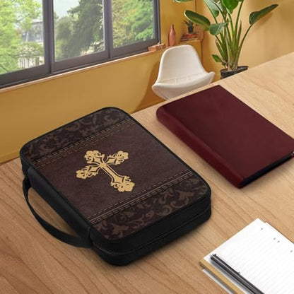Cross Print Bible Cover for Women Men,Brown Bible Case,Lightweight Bible Bag with Handle - color: Cross-brown