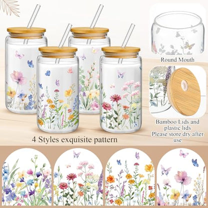 Mumufy 4 Pack Wildflower Glass Cup, 16 oz Tumbler Mug with Bamboo Lid - style: Wild Flower