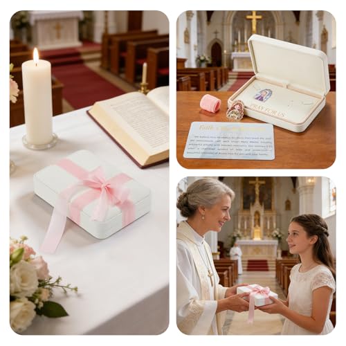 My First Religious Keepsake Box Set for Girls - 3D Virgin Mary Medal, White PU Leather Case & Blessing Card for Baptism, First Communion (Premium Keepsake Box - Rosary Not Included) - style: Style D