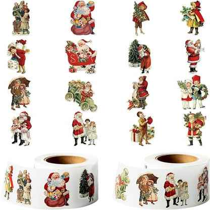 Vintage Christmas Sticker Rolls, 1000Pcs Retro Santa Sticker 2 Roll - style: Vintage Christmas