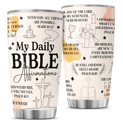 Bible Verse Tumbler with Daily Affirmations for Women, 20oz Stainless Steel Insulated Cup for Christian Faith, Religious Gift for Prayer, Inspirational Scripture Travel Mug - color: Bible Affirmation